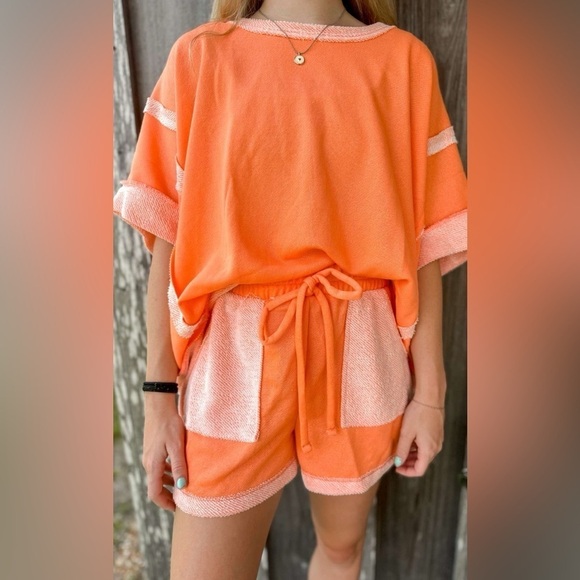 J Her Oversize Banded Top and LoopTerry Pocket Short Set- Orange - Picture 2 of 9